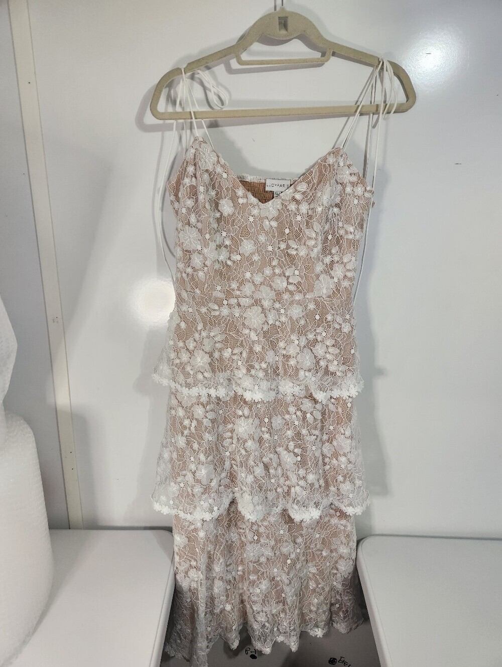 LucyParis White Floral Lace Tiered Slip Dress, Size Large